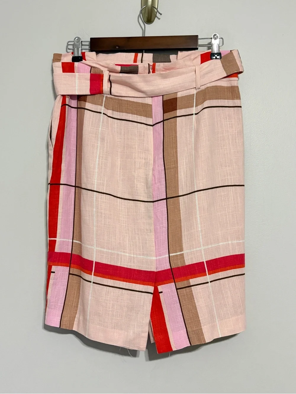 Ann Taylor Petite Striped Plaid Belted Skirt in Cream, Coral & Tan Size 8P NEW